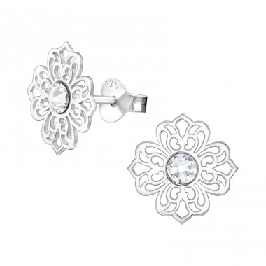 Flower Filigree - 925 Sterling Silver Ear Studs with Crystal stones A4S40007