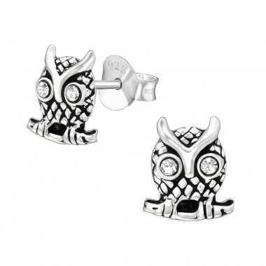 Owl - 925 Sterling Silver Ear Studs with Crystal stones A4S40501