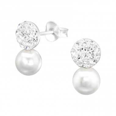 Double Ball Crystal and Pearl - 925 Sterling Silver Ear Studs With Crystal Stones A4S41024