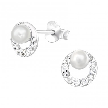 Circle with pearl and crystals - 925 Sterling Silver Ear Studs With Crystal Stones A4S41081