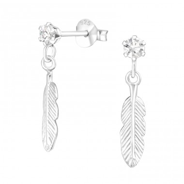 Hanging Feather - 925 Sterling Silver Ear Studs with Crystal stones A4S41596