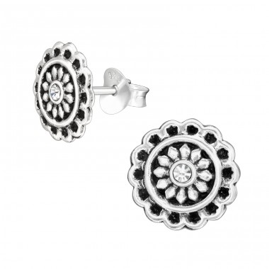 Oxidized Flower with crystal - 925 Sterling Silver Ear Studs With Crystal Stones A4S42270