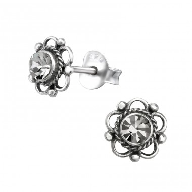 Oxidierte Blume mit rosafarbenem Kristall – 925er Sterlingsilber-Kristall-Ohrstecker A4S44080