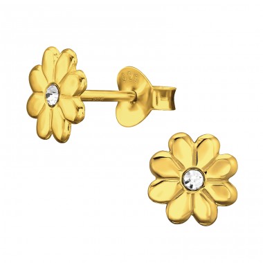 Gold plated Flower - 925 Sterling Silver Ear Studs With Crystal Stones A4S44646