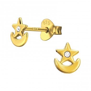 Golden star on crescent Moon - 925 Sterling Silver Ear Studs With Crystal Stones A4S44648