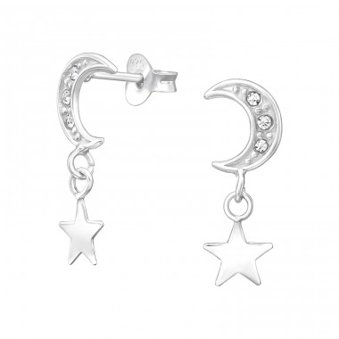 Moon with hanging Star - 925 Sterling Silver Ear Studs With Crystal Stones A4S44707