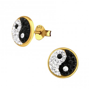 Golden Yin-Yang - 925 Sterling Silver Ear Studs With Crystal Stones A4S44729