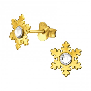 Gold plated Snowflake - 925 Sterling Silver Ear Studs With Crystal Stones A4S44972