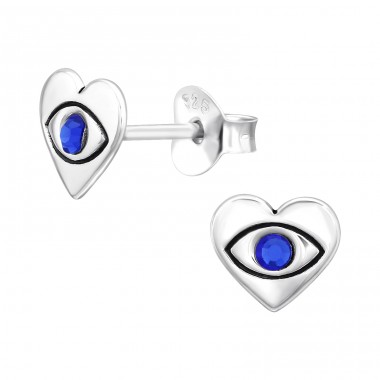 Evil Eye in heart shape - 925 Sterling Silver Ear Studs With Crystal Stones A4S45351