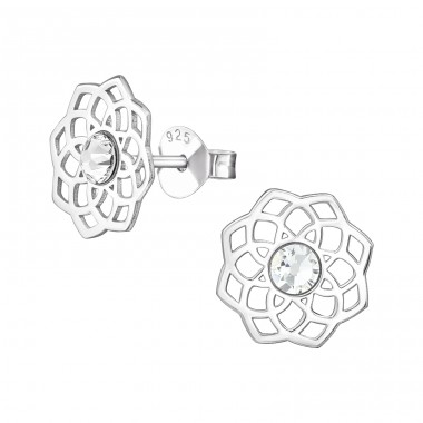 Laser Cut Flower Filigree - 925 Sterling Silver Ear Studs with Crystal stones A4S45696