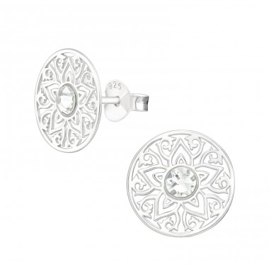 Laser Cut Flower Filigree - 925 Sterling Silver Ear Studs with Crystal stones A4S45697