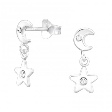 Moon And Star with Crystals - 925 Sterling Silver Ear Studs With Crystal Stones A4S46880