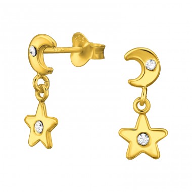 Moon And Star - 925 Sterling Silver Ear Studs with Crystal stones A4S46881