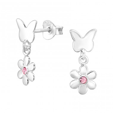 ฺButterfly And Flower - 925 Sterling Silver Ear Studs with Crystal stones A4S46895