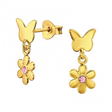 Butterfly And Flower - 925 Sterling Silver Ear Studs with Crystal stones A4S46896