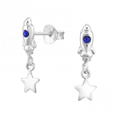 Rocket And Star with crystal - 925 Sterling Silver Ear Studs With Crystal Stones A4S46897