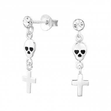 Skull And Cross - 925 Sterling Silver Ear Studs with Crystal stones A4S46899