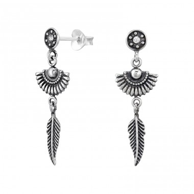 Ethnic oxidized Ear Studs with crystal - 925 Sterling Silver Ear Studs With Crystal Stones A4S46902