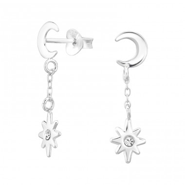 Crescent Moon hanging Star - 925 Sterling Silver Ear Studs With Crystal Stones A4S47064