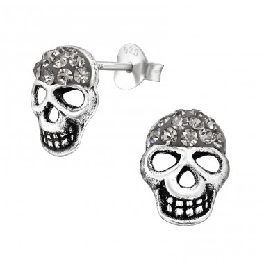 Oxidized Skull with Crystals - 925 Sterling Silver Ear Studs With Crystal Stones A4S47113