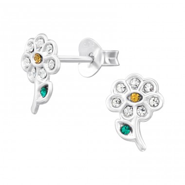 Flower with crystals - 925 Sterling Silver Ear Studs With Crystal Stones A4S47319