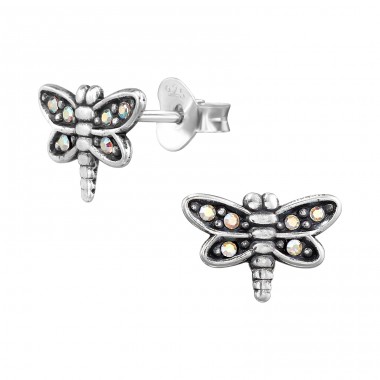 Dragonfly with Crystals - 925 Sterling Silver Ear Studs With Crystal Stones A4S47321