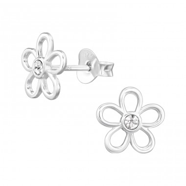 Flower with crystal - 925 Sterling Silver Ear Studs With Crystal Stones A4S47332