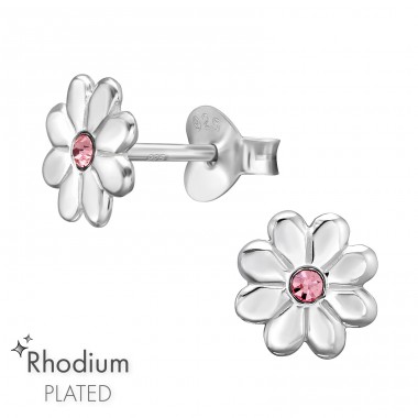 Flower with Crystal - 925 Sterling Silver Ear Studs With Crystal Stones A4S47429