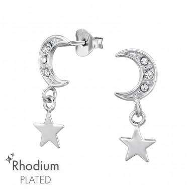 Moon And Star with Crystals - 925 Sterling Silver Ear Studs With Crystal Stones A4S47432