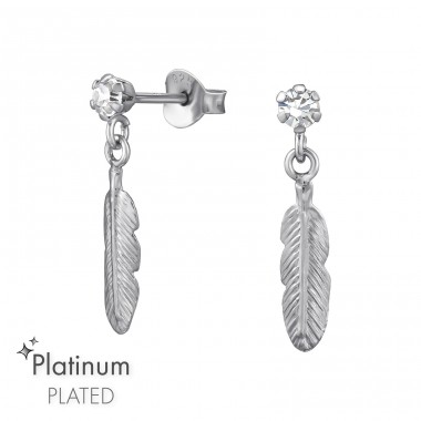 Hanging Feather with Crystal - 925 Sterling Silver Ear Studs With Crystal Stones A4S47433