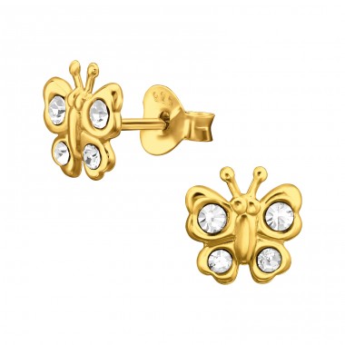 Golden Butterfly - 925 Sterling Silver Ear Studs With Crystal Stones A4S47722