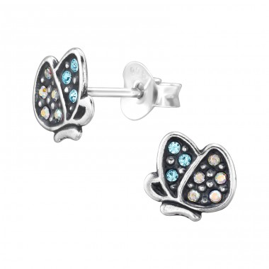 Oxidized Butterflies - 925 Sterling Silver Ear Studs With Crystal Stones A4S47725