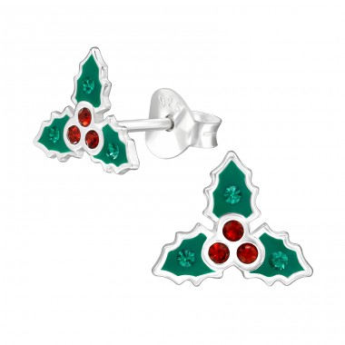 Holly Leaf with crystals - 925 Sterling Silver Ear Studs With Crystal Stones A4S47856