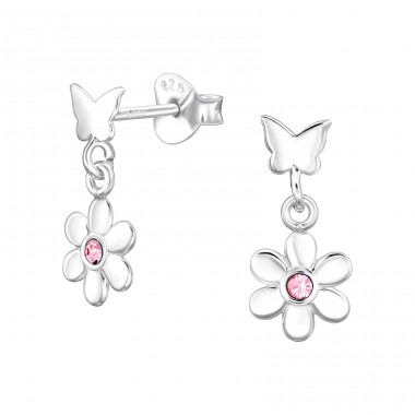 Butterfly With Flower - 925 Sterling Silver Ear Studs with Crystal stones A4S48016