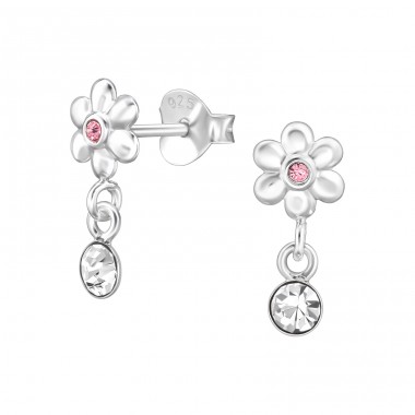 Flower with crystals - 925 Sterling Silver Ear Studs With Crystal Stones A4S48017