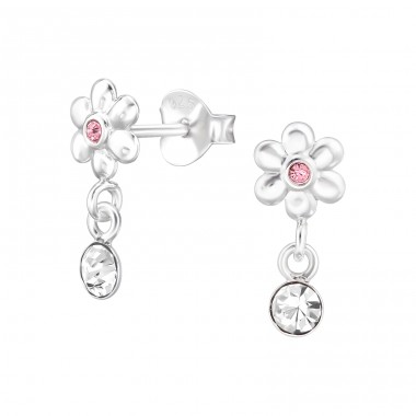 Flower with crystals - 925 Sterling Silver Ear Studs With Crystal Stones A4S48017