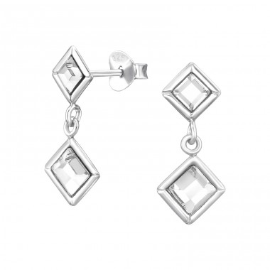 Square  with Crystal stones - 925 Sterling Silver Ear Studs With Crystal Stones A4S48023