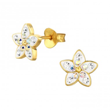 Golden flower with cubic zirconia - 925 Sterling Silver Ear Studs With Crystal Stones A4S48317