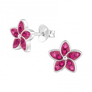 Flower with crystals - 925 Sterling Silver Ear Studs With Crystal Stones A4S48318