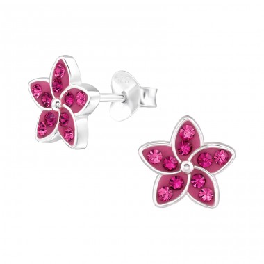 Flower with crystals - 925 Sterling Silver Ear Studs With Crystal Stones A4S48318