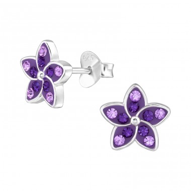 Flower with crystals - 925 Sterling Silver Ear Studs With Crystal Stones A4S48319