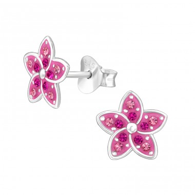 Flower with crystals - 925 Sterling Silver Ear Studs With Crystal Stones A4S48349