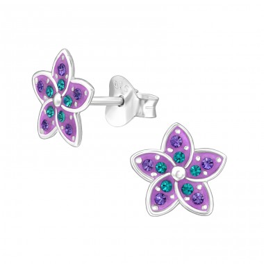 Flower with crystals - 925 Sterling Silver Ear Studs With Crystal Stones A4S48350