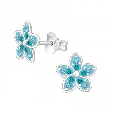 Flower with crystals - 925 Sterling Silver Ear Studs With Crystal Stones A4S48351