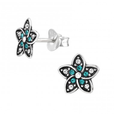 Flower with crystals - 925 Sterling Silver Ear Studs With Crystal Stones A4S48352