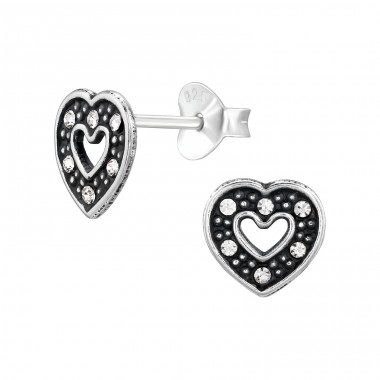 Heart with crystals - 925 Sterling Silver Ear Studs With Crystal Stones A4S48354