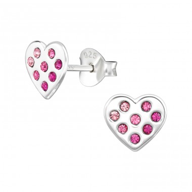 Heart with pink crystals - 925 Sterling Silver Ear Studs With Crystal Stones A4S48355