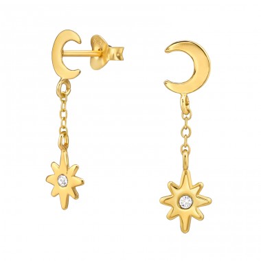 Golden Crescent Moon And Star - 925 Sterling Silver Ear Studs With Crystal Stones A4S48513