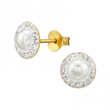 Round Golden with crystals and pearl - 925 Sterling Silver Ear Studs With Crystal Stones A4S48517