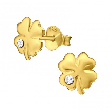 Clover with Crystal - 925 Sterling Silver Ear Studs With Crystal Stones A4S48521